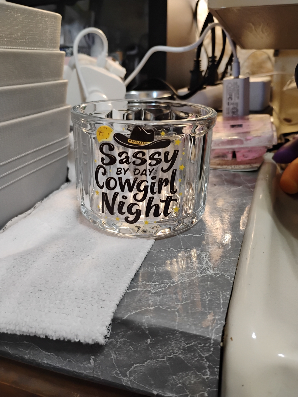Sassy by Day Cowgirl Night Clear Glass Candle Holder with Yellow Accents